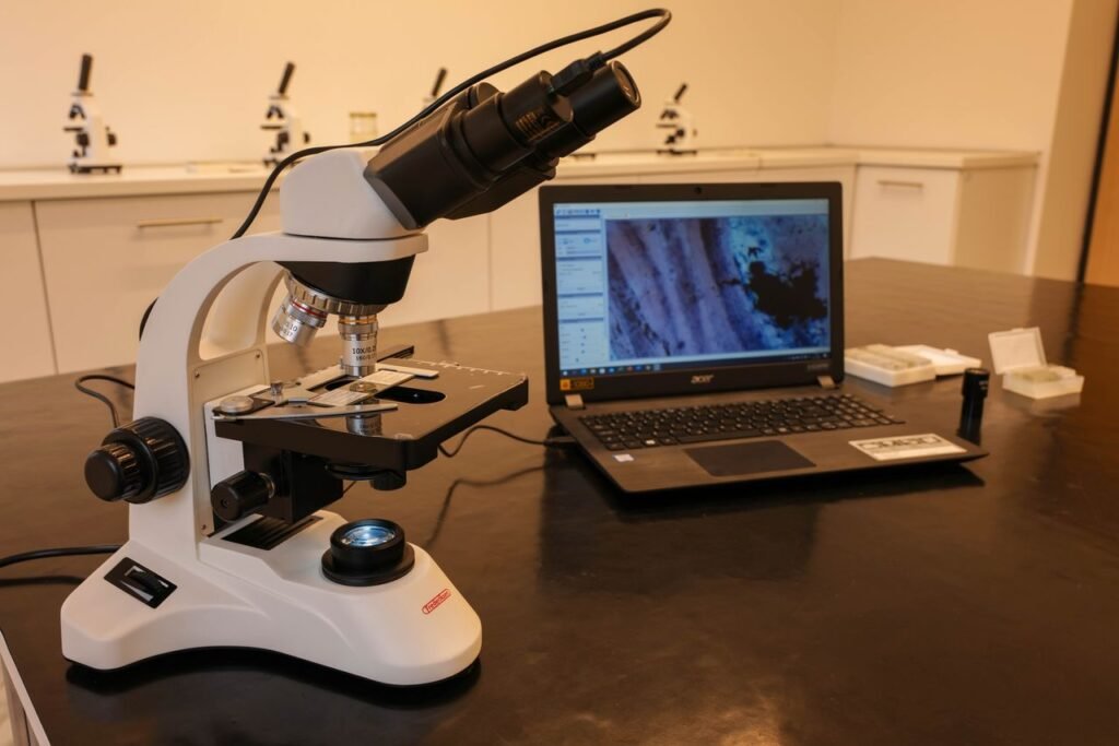 Close-up of a microscope connected to a laptop in a laboratory environment.